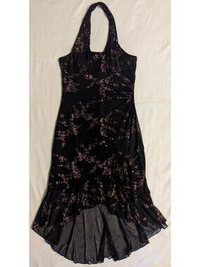 Vintage Taboo Halter Dress Sheer Black with Pink Glitter Floral | M